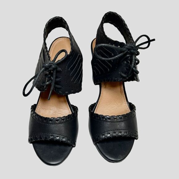 Restricted Faux Leather Black Woven Sandals Block Heels Tie Laces Pumps Summer - Picture 4 of 9